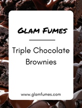 A product image featuring a brownie with chocolate chips, upon which the perfume and body oil bottle label reads 'Glam Fumes Triple Chocolate Brownies'.